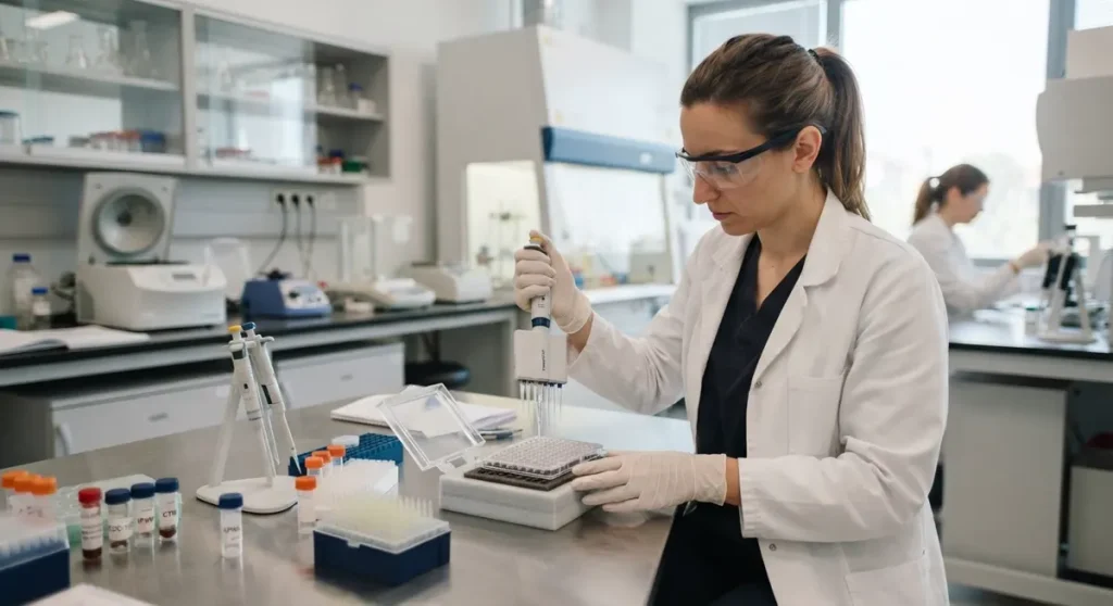 Pipetiranje uzoraka u laboratoriju — CJC-1295 i Ipamorelin Hrvatska u istraživačkom kontekstu